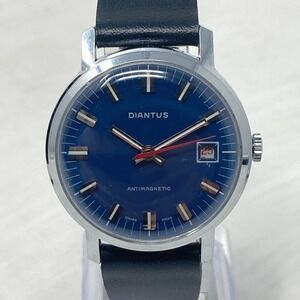 Vtg Diantus Watch Men 34mm Silver Tone Blue Dial Date Swiss Made Manual Wind Up